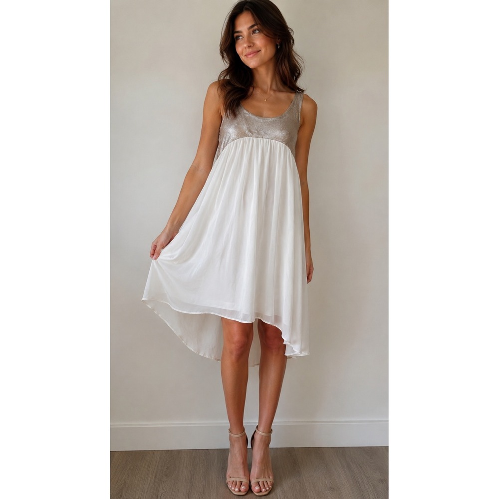 Aida Barne Metallic Gold Chiffon High-Low Cream Ivory Size Small Party Dress